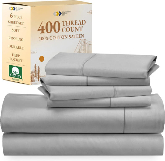 6-Pc King Size Sheet Set with 4 Pillowcases - Soft 400 Thread Count 100% Cotton Sheets, Cooling Sateen Weave, Luxury Deep Pocket Bedsheets Set - Light Grey
