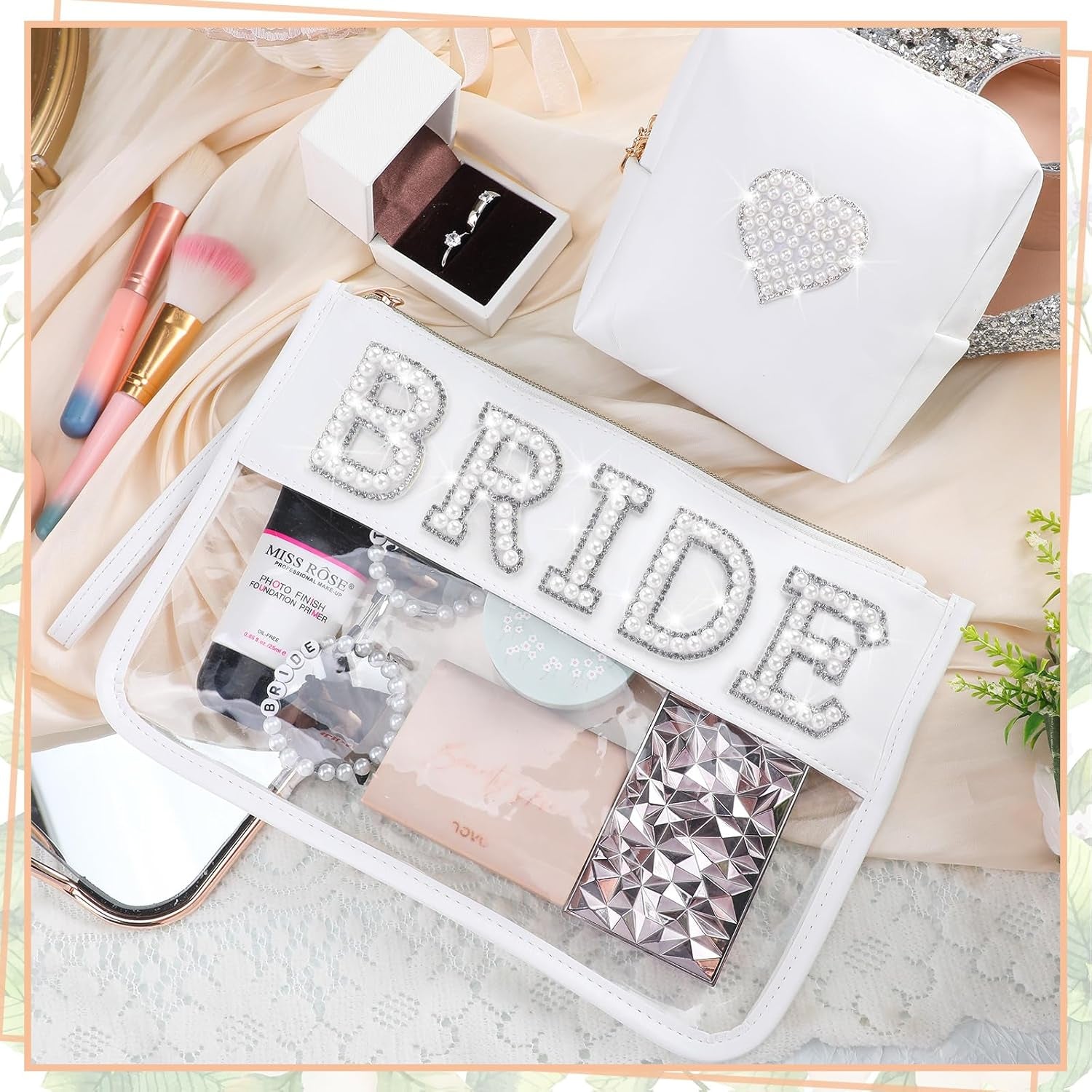 2 Pcs Bride Bag Makeup Bag Bride Gift Cosmetic Bag Pearl Letter Bags Portable PU Leather Mrs Clear Waterproof Bling Travel Purse Zipper Pouch Handy Coin Purses for Women(Bride)