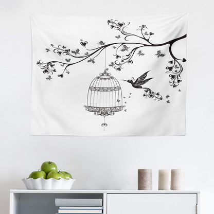 Hummingbirds Tapestry, Birds Out of Cages Spring Birdcage on Branch Wings Tail Romantic Love Heart, Fabric Wall Hanging Decor for Bedroom Living Room Dorm, 28" X 23", Black White