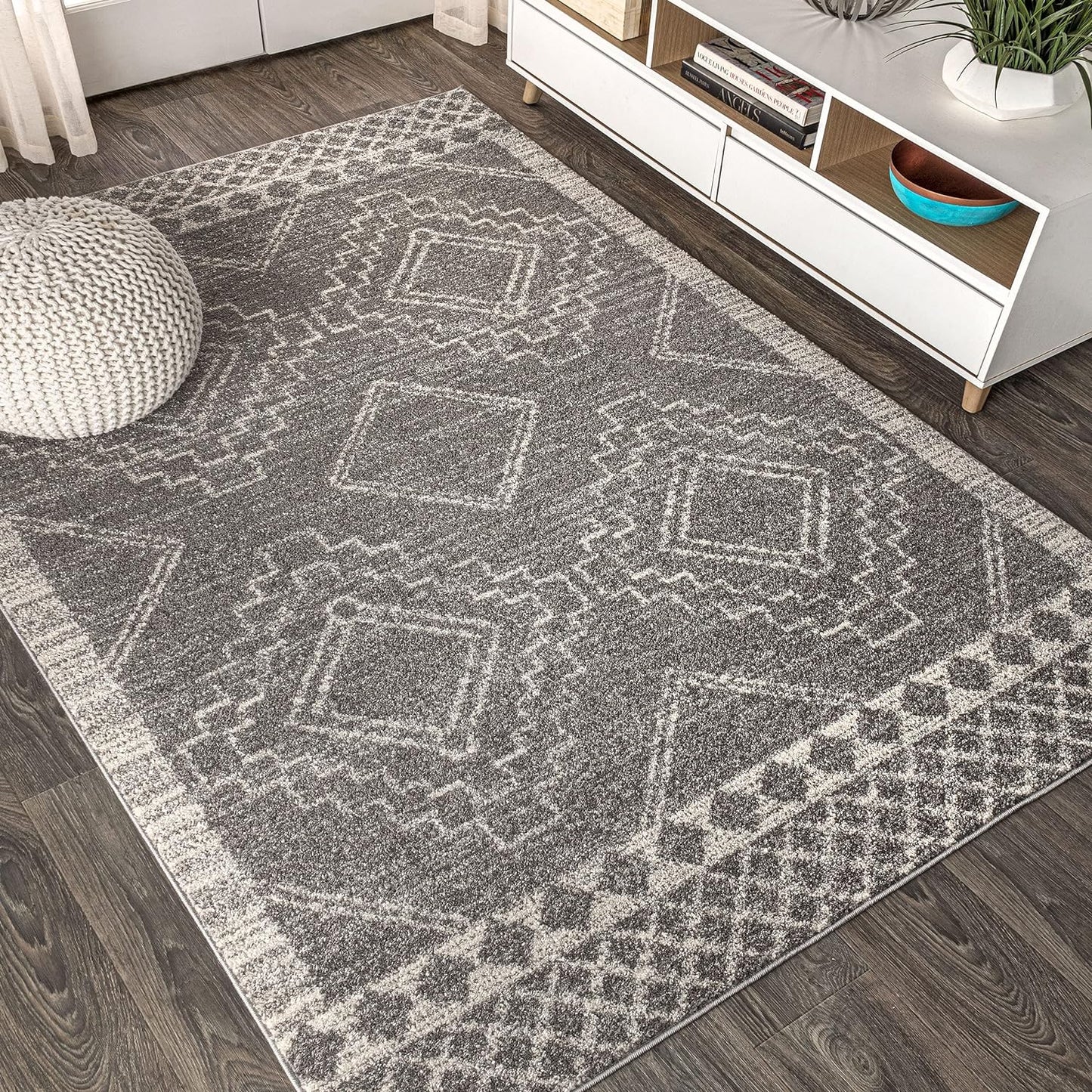 MOH200C-4 Amir Moroccan Beni Souk Indoor -Area Rug Bohemian Farmhouse Rustic Geometric Easy-Cleaning Bedroom Kitchen Living Room Non Shedding, 4 X 6, Gray,Cream