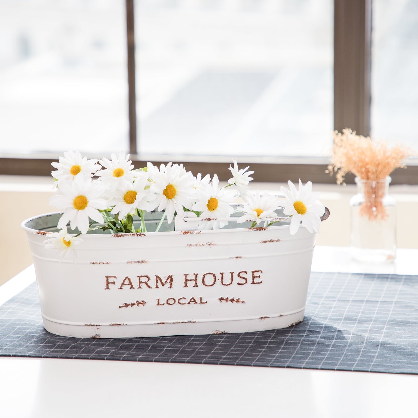 White Oval Farmhouse Bucket for Artificial Floral with Handle