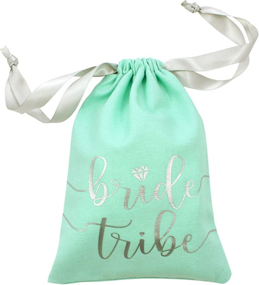 10Pc Bride Tribe Drawstring Bags W/ Satin Ribbon, 7X5” - Cotton Pouch for Bridesmaids, Bachelorette, Bridal Party, Bridal Shower, Wedding Favor, Survival Kit, Hangover Kit (7X5 Inch (Pack of 10), Mint