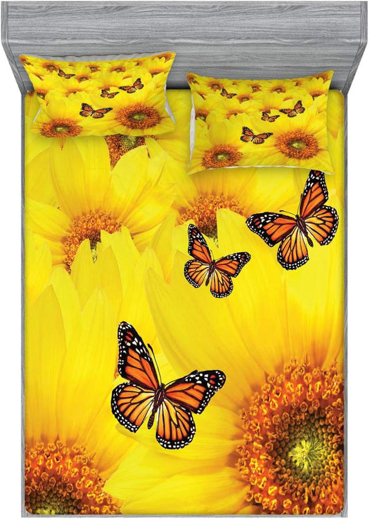 Sunflower Fitted Sheet & Pillow Sham Set, Sunflower Flowers Butterfly Warm Colors round Close up Details Fun Design, Decorative Printed 3 Piece Bedding Decor Set, King, Marigold Yellow