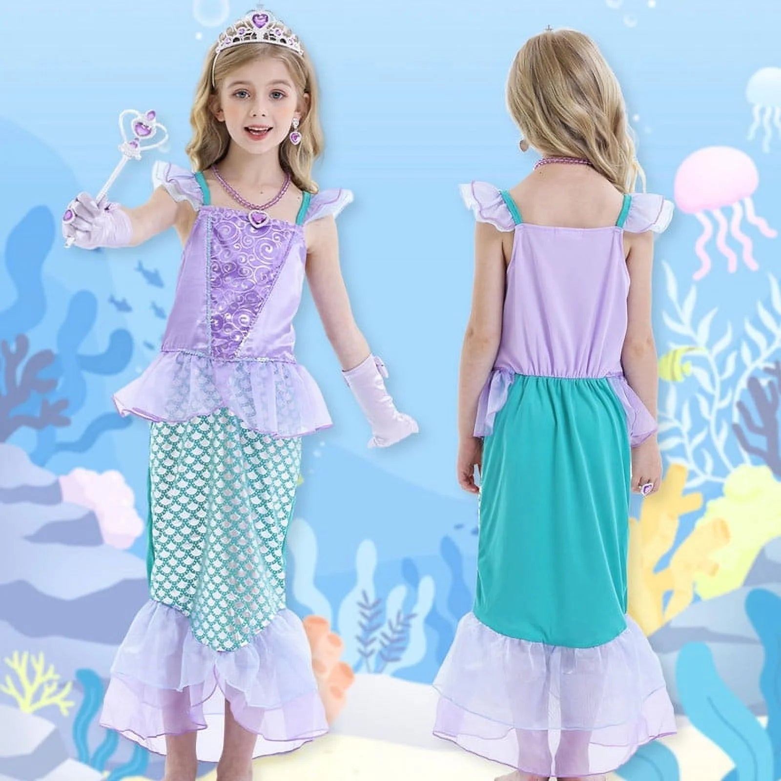Mermaid Dresses for Girl Ariel Princess Dress up Clothes Mermaid Costume up Kids Birthday Party Cosplay Role Play Clothes 140 Cm 9-10 Years