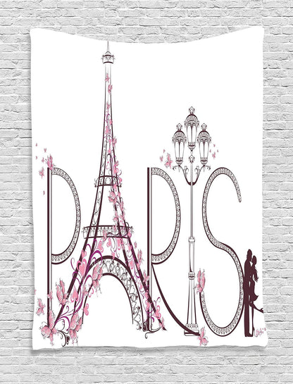 Paris Tapestry, Tower Eiffel with Paris Lettering Couple Trip Flowers Floral Design Print, Wall Hanging for Bedroom Living Room Dorm Decor, 40" X 60", Pink Plum