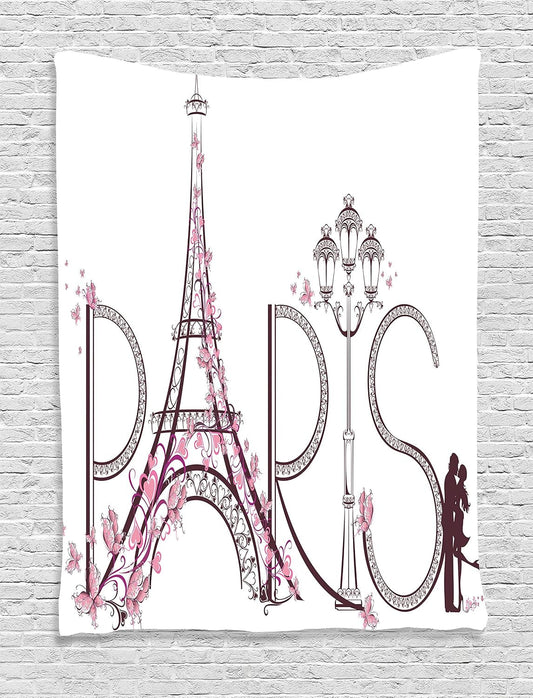Paris Tapestry, Tower Eiffel with Paris Lettering Couple Trip Flowers Floral Design Print, Wall Hanging for Bedroom Living Room Dorm Decor, 40" X 60", Pink Plum