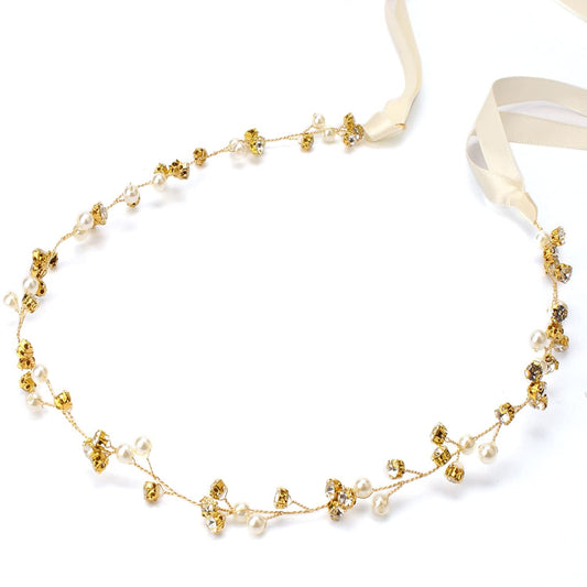 Bridal Headpiece - Gold Rhinestone Headband with Crystals, Wedding Hair Accessories for Brides and Bridesmaids