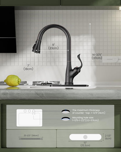 Pull down Kitchen Faucet with Sprayer Oil Rubbed Bronze, Single Handle One Hole High Arc Pull Out Spray Head Kitchen Sink Faucet with Deck Plate