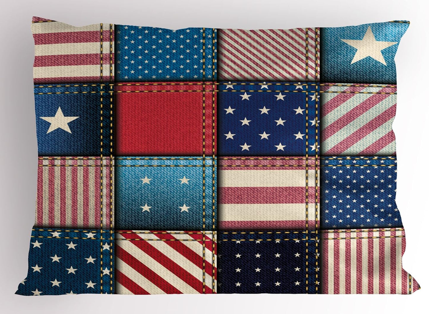United States Pillow Sham, American Flag Patchwork with Vertical and Horizontal Stripe and Star Forms, Decorative Standard Size Printed Pillowcase, 26" X 20", Red Blue