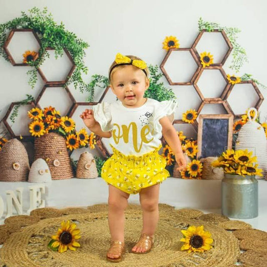 Baby Girl One Birthday Outfits Ruffle Sleeve Romper+Strawberry Shorts+Headband 3Pcs Summer Clothes