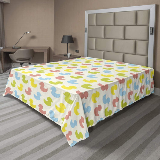 Rubber Duck Flat Sheet, Colorful Ducklings Animals Theme Pastel Girls Boys, Soft Comfortable Top Sheet Decorative Bedding 1 Piece, Full Size, Yellow Green