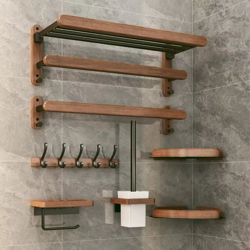 Walnut Wood Black Bathroom Hardware Set Bathroom Towel Rack Towel Rack Toilet Paper Holder Towel Bar Shelf Bathroom Accessories