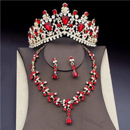 Luxury Crystal Bridal Jewelry Sets for Women Pink Tiaras Necklaces Earrings Set Bride Wedding Dress Birthday Crown Set Accessory