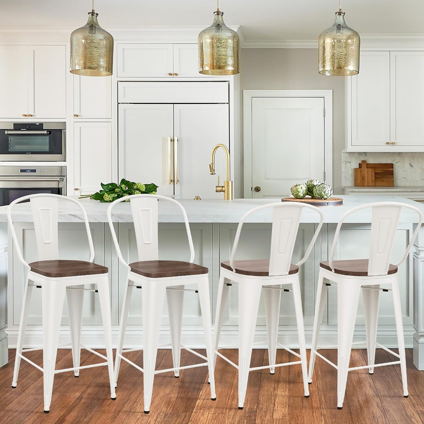 26 Inch Metal Bar Stools Set of 4 Farmhouse Kitchen Island Counter Height Bar Chairs High Back Barstools with Large Wooden Seat Cream White