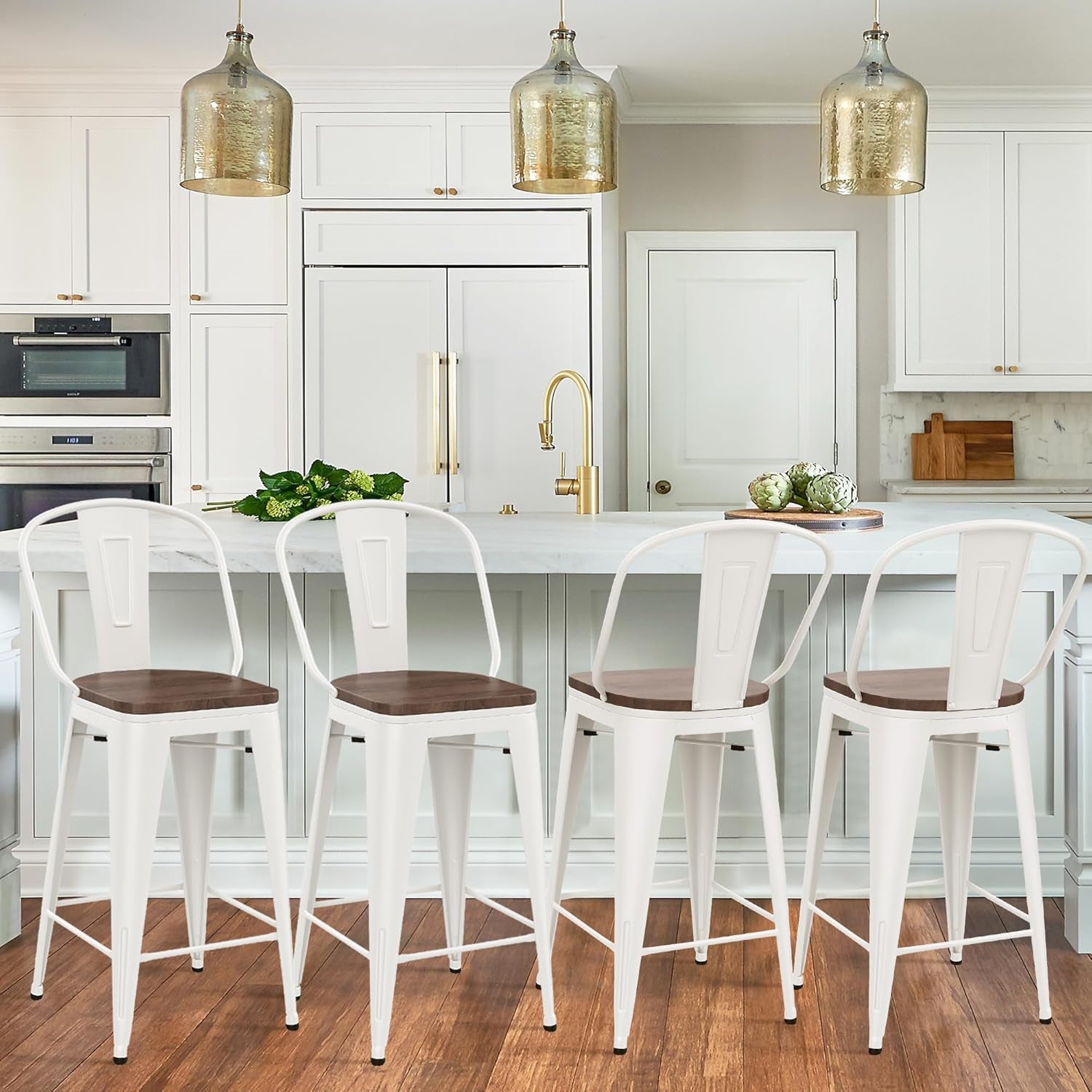 26 Inch Metal Bar Stools Set of 4 Farmhouse Kitchen Island Counter Height Bar Chairs High Back Barstools with Large Wooden Seat Cream White