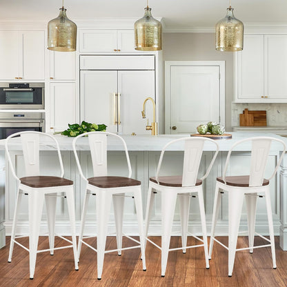 26 Inch Metal Bar Stools Set of 4 Farmhouse Kitchen Island Counter Height Bar Chairs High Back Barstools with Large Wooden Seat Cream White
