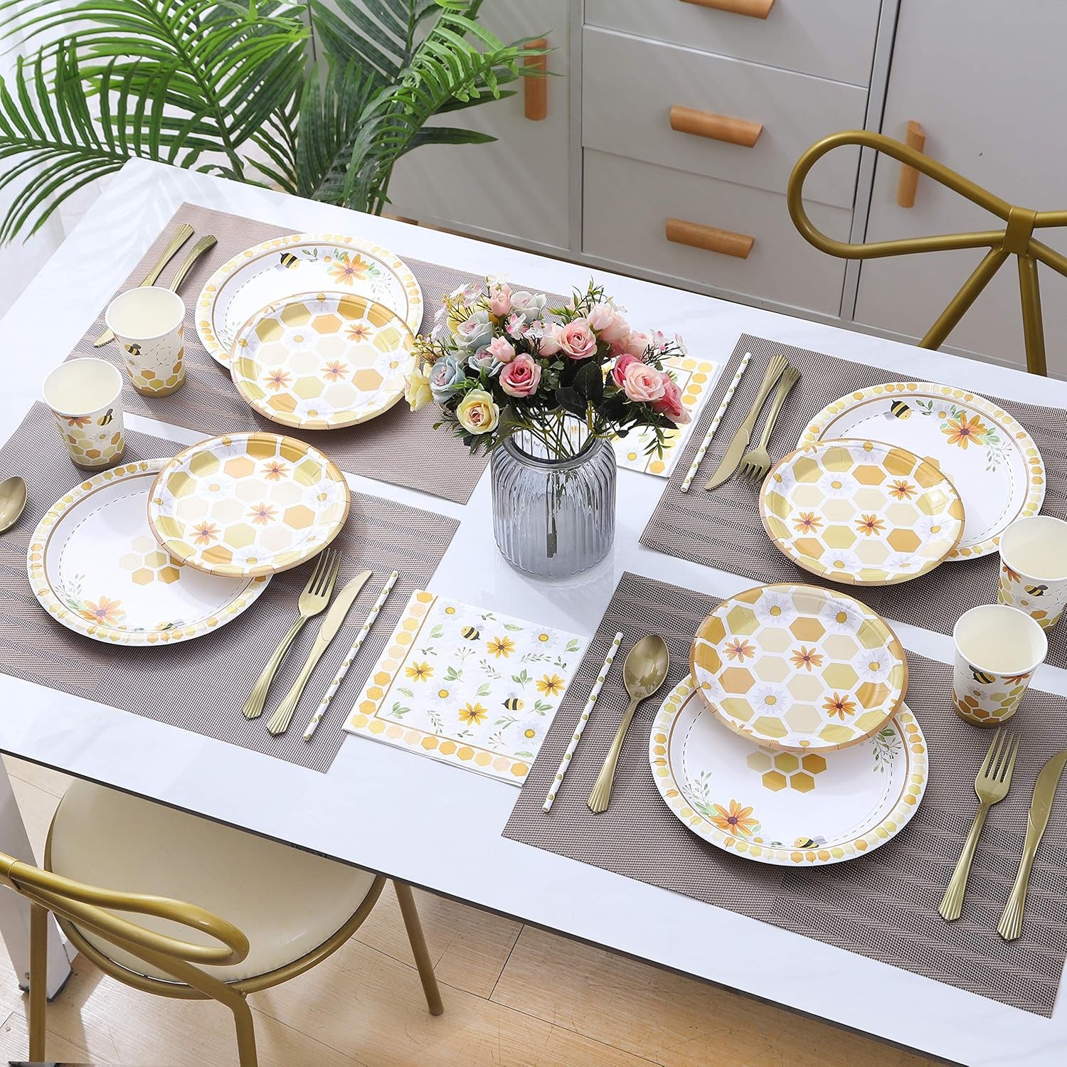 Bee Themed Party Supplies – Serves 16 – Includes Disposable Bee Plates, Cups, Napkins, and Straws Perfect for Bee Decorations, Bumble Bee Birthday Party Pack, Bee Gender Reveal, and Baby Shower