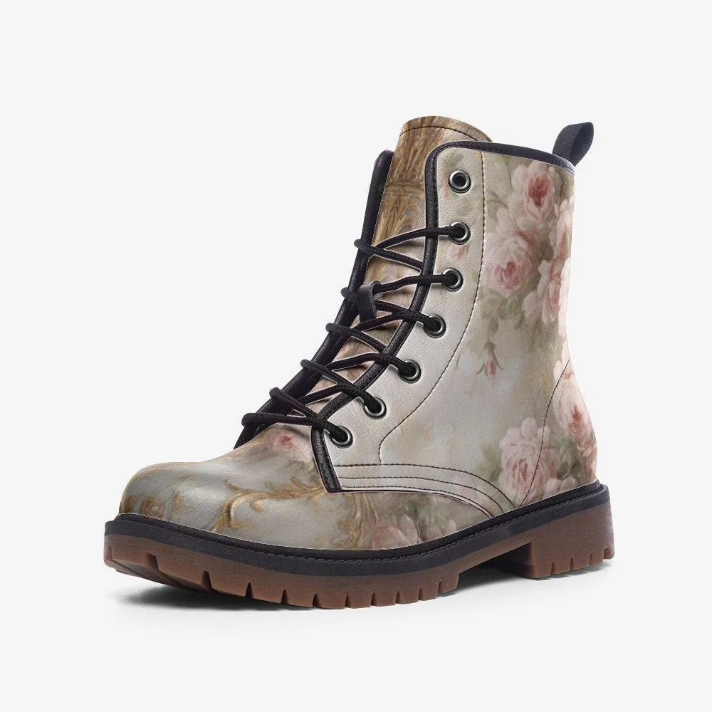 Emerald Blossoms - Pink Painted Roses Casual Leather Lightweight Boots for Hippies