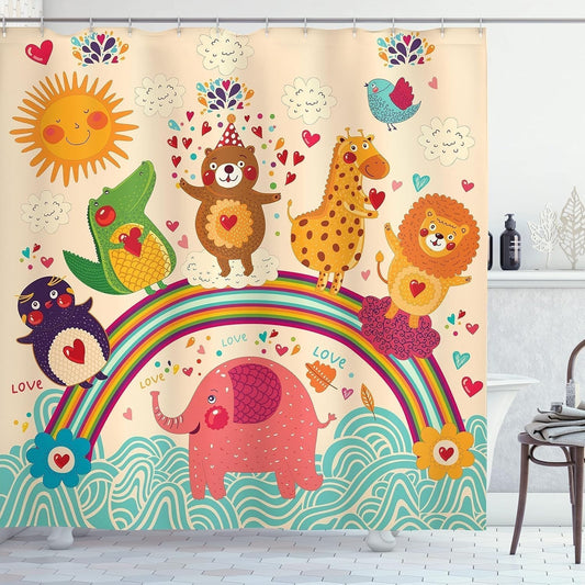 Cartoon Shower Curtain, Happy Animals Bear Lion Crocodile Birds on Rainbow Drawing Effect, Cloth Fabric Bathroom Decor Set with Hooks, 69" W X 70" L, Orange Green