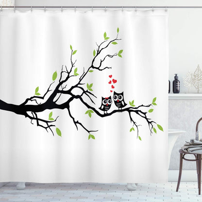 Owls Shower Curtain, Owls in Love Sitting on a Branch Leaf Leaves Hearts Romance Themed Artwork, Cloth Fabric Bathroom Decor Set with Hooks, 69" W X 70" L, Green Apple