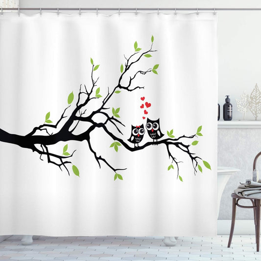 Owls Shower Curtain, Owls in Love Sitting on a Branch Leaf Leaves Hearts Romance Themed Artwork, Cloth Fabric Bathroom Decor Set with Hooks, 69" W X 70" L, Green Apple