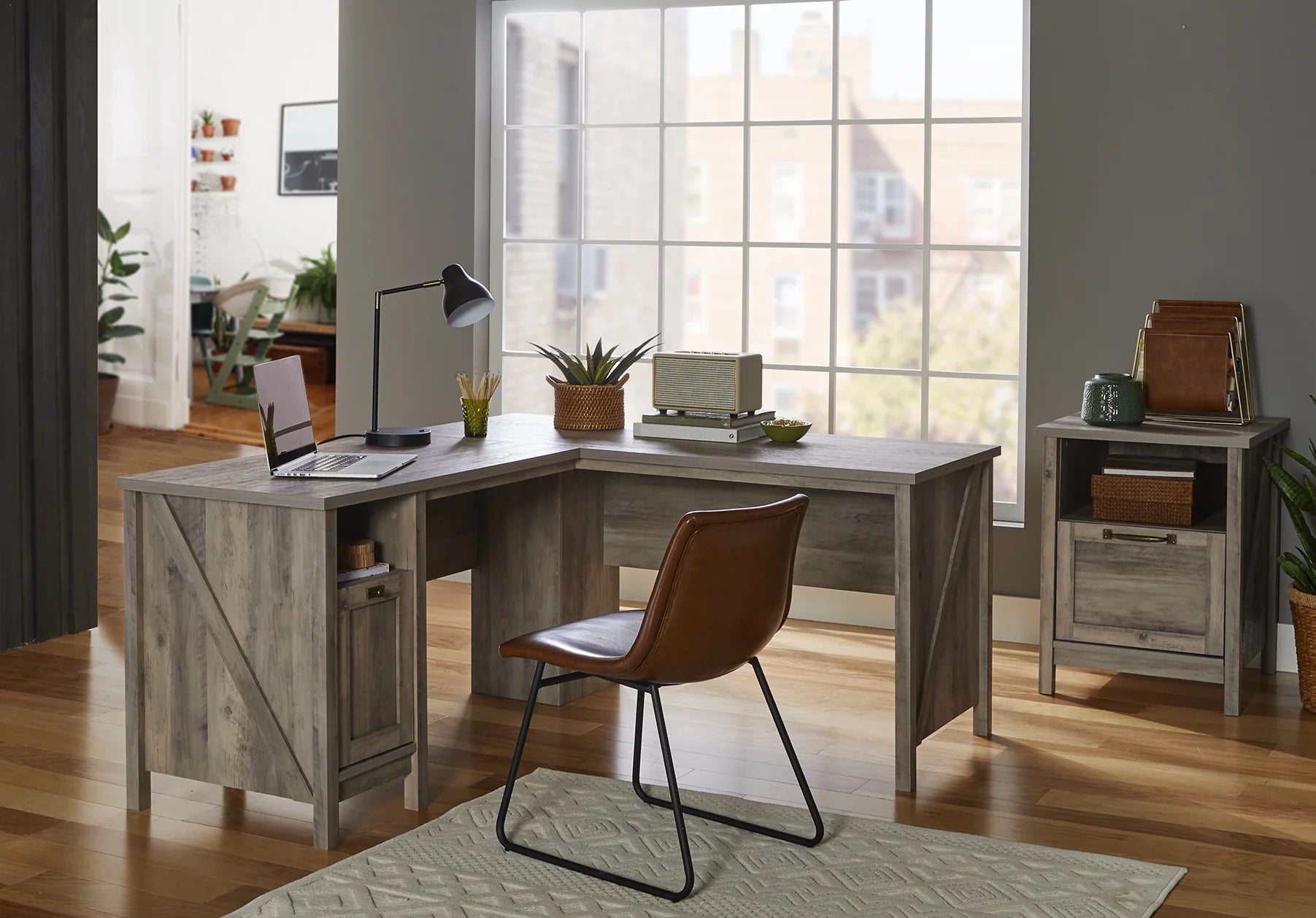 Modern Farmhouse L-Desk, Rustic Gray Finish