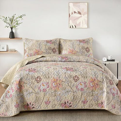 Floral Quilt Set Size Botanical Bedspread Bedding Sets Soft Queen Khaki