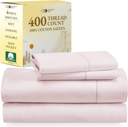 Softest 100% Cotton Sheets, Full Size Sheet Sets, 400 Thread Count Sateen Bedding, Deep Pocket Sheets, Cooling Sheets, Full Size Sheets, Breathable Bed Set (Pink)