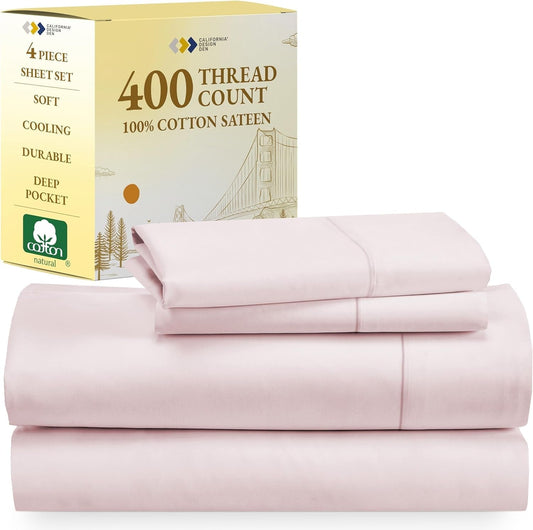 Softest 100% Cotton Sheets, Full Size Sheet Sets, 400 Thread Count Sateen Bedding, Deep Pocket Sheets, Cooling Sheets, Full Size Sheets, Breathable Bed Set (Pink)