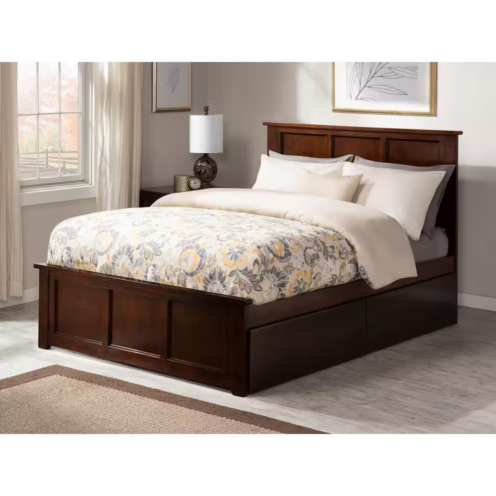 Madison Walnut Full Platform Bed with Matching Foot Board and 2 Urban Bed Drawers