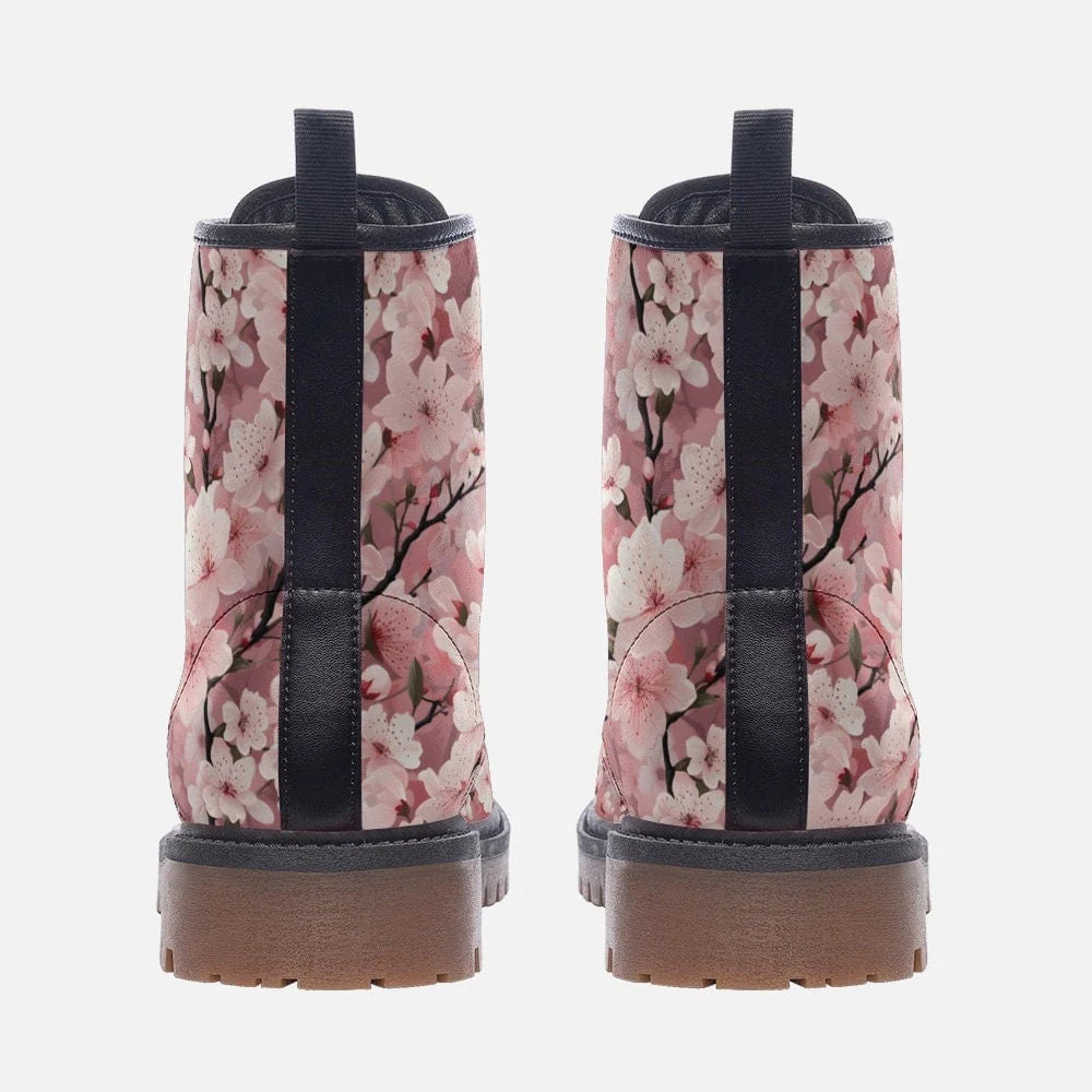 Emerald Blossoms - Pink Pastel Cherry Blossom Vegan Leather Festival Boots Combat Boots for Hippies
