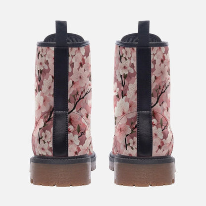 Emerald Blossoms - Pink Pastel Cherry Blossom Vegan Leather Festival Boots Combat Boots for Hippies