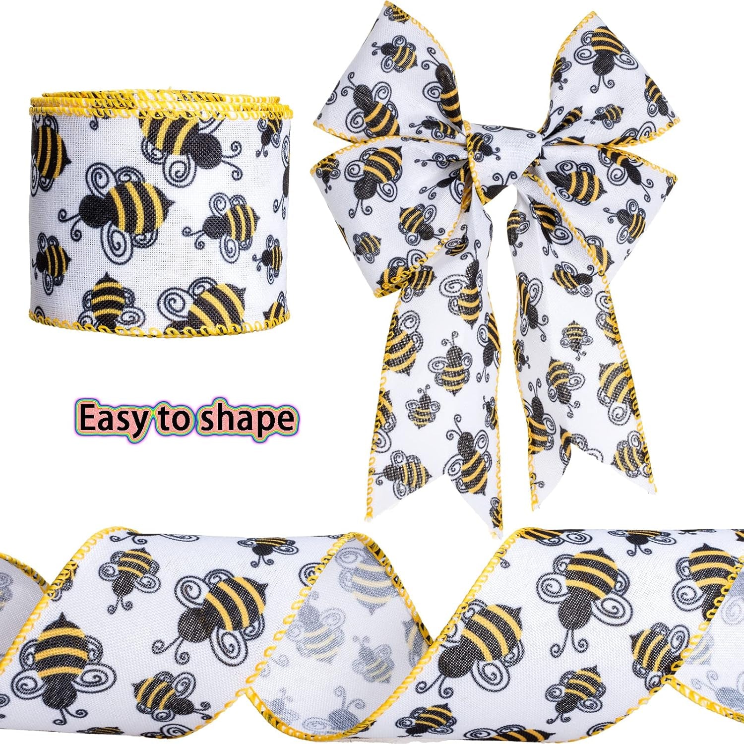 Bumble Bee Wired Edge Ribbon, Honeybee Print Ribbon for Wreaths, Gift Wrapping and Party Decoration, 10 Yards by 2.5 Inches