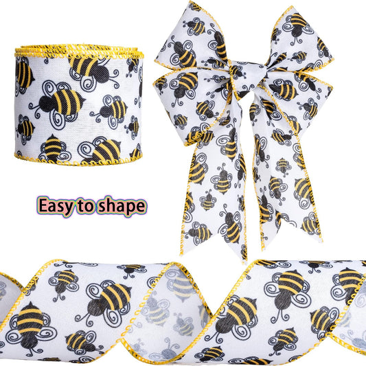 Bumble Bee Wired Edge Ribbon, Honeybee Print Ribbon for Wreaths, Gift Wrapping and Party Decoration, 10 Yards by 2.5 Inches