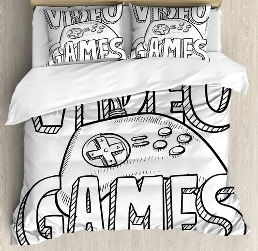 Cartoon Duvet Cover Set, Doodle Style Video Games Typography Design a Controller Sketch Art, Decorative 3 Piece Bedding Set with 2 Pillow Shams, Queen Size, off White and Black