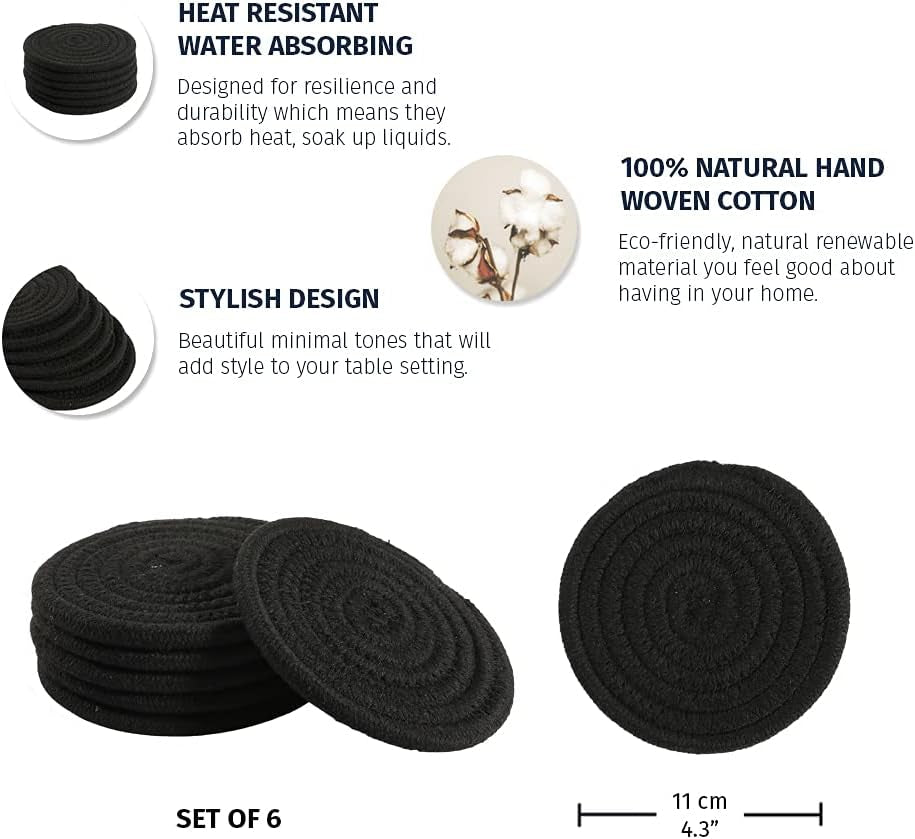 Set of 6 Black Coasters 4.3", Farmhouse Woven Coasters for Coffee Table, Absorbent Coasters for Drinks, Cute Aesthetic Boho Coasters, Rustic Desk Coasters, Moisture Absorbing Coasters