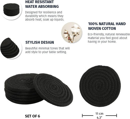 Set of 6 Black Coasters 4.3", Farmhouse Woven Coasters for Coffee Table, Absorbent Coasters for Drinks, Cute Aesthetic Boho Coasters, Rustic Desk Coasters, Moisture Absorbing Coasters
