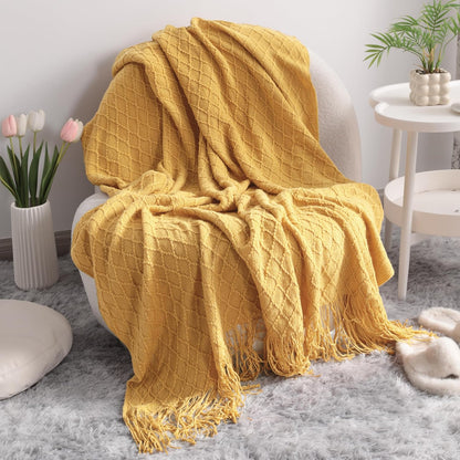 Acrylic Knitted Throw Blanket, Lightweight and Soft Cozy Decorative Woven Blanket with Tassels for Travel, Couch, Bed, Sofa, 51X67 Inches, Taupe Checkered