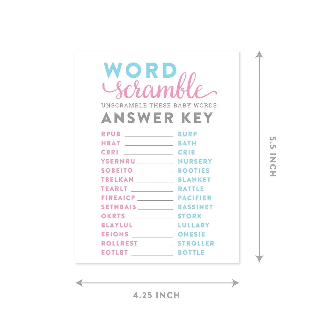 Word Scramble Team Pink/Blue Gender Reveal Baby Shower Paper Games, Favors 20PC