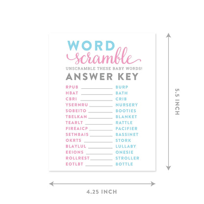 Word Scramble Team Pink/Blue Gender Reveal Baby Shower Paper Games, Favors 20PC