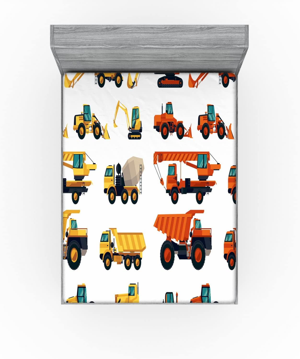 Construction Fitted Sheet, Construction Machinery and Equipment Transportation Careers Mechanics Theme, Soft Decorative Fabric Bedding All-Round Elastic Pocket, Full Size, Orange White