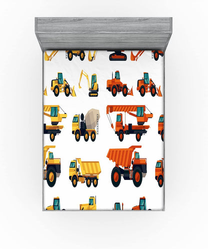 Construction Fitted Sheet, Construction Machinery and Equipment Transportation Careers Mechanics Theme, Soft Decorative Fabric Bedding All-Round Elastic Pocket, Full Size, Orange White