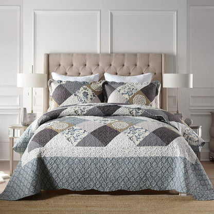 3-Piece Queen Quilt Set Quilted Bedspread Oversized Microfiber Lightweight Coverlet Set with Shams Reversible Printed Coverlet Bedding Set for All Season, Slate Blue, Queen Size