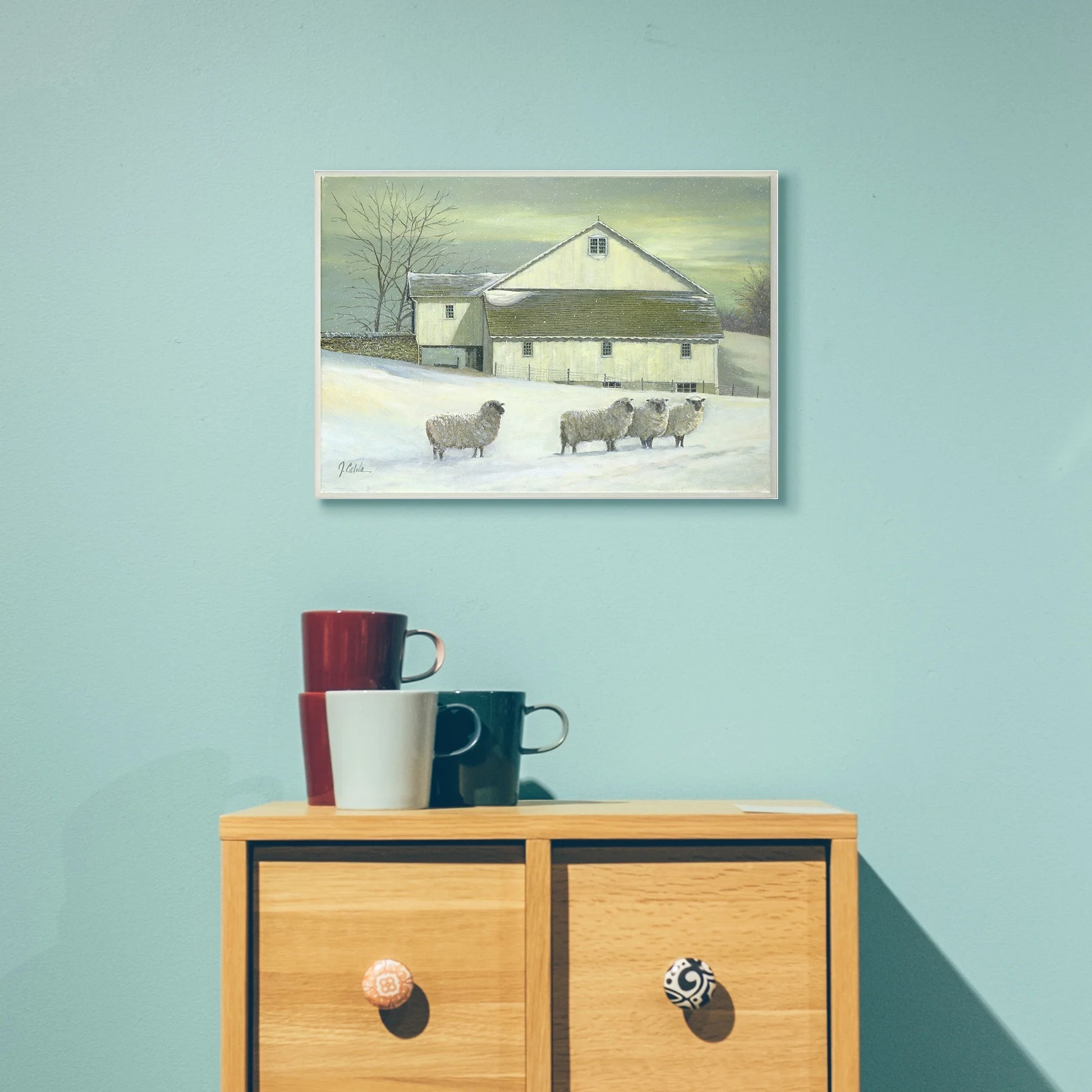 The Stupell Home Decor Sheep in Front of the Farmhouse Green Toned Painting Wall Plaque Art