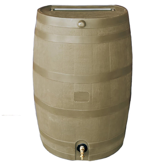 Polyethylene 50 Gallon Flat Back Brass Spigot Rain Barrel, Oak Color