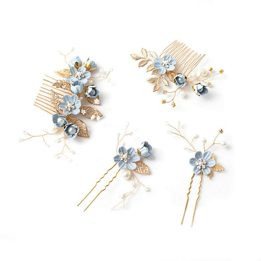 4Pcs Blue Wedding Hair Piece Blue Hair Accessories Hairpins Set， Decorative Pearl Comb, Flower Bridal Hair Set, Hair Accessories for Brides Girls Hair Combs Hair Jewelry