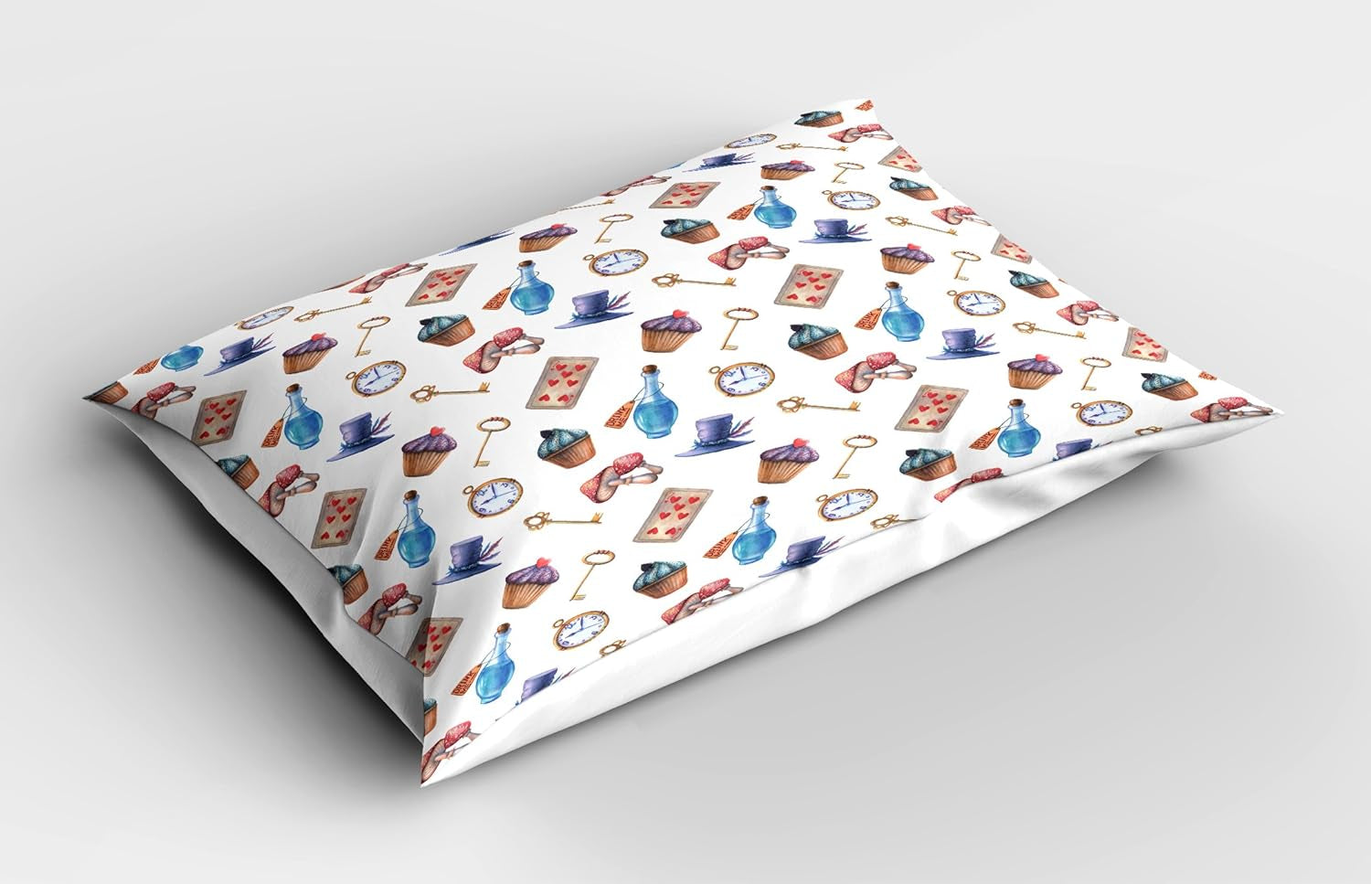 Alice in Wonderland Pillow Sham, Cupcakes Mushrooms and Bottles Hanging in Sky Dessert Print, Decorative Standard Size Printed Pillowcase, 26" X 20", Red Blue