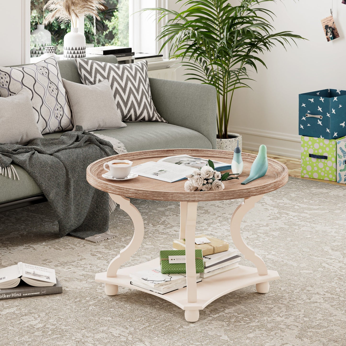 Rustic round Wood Coffee Table with Storage and Tray, White