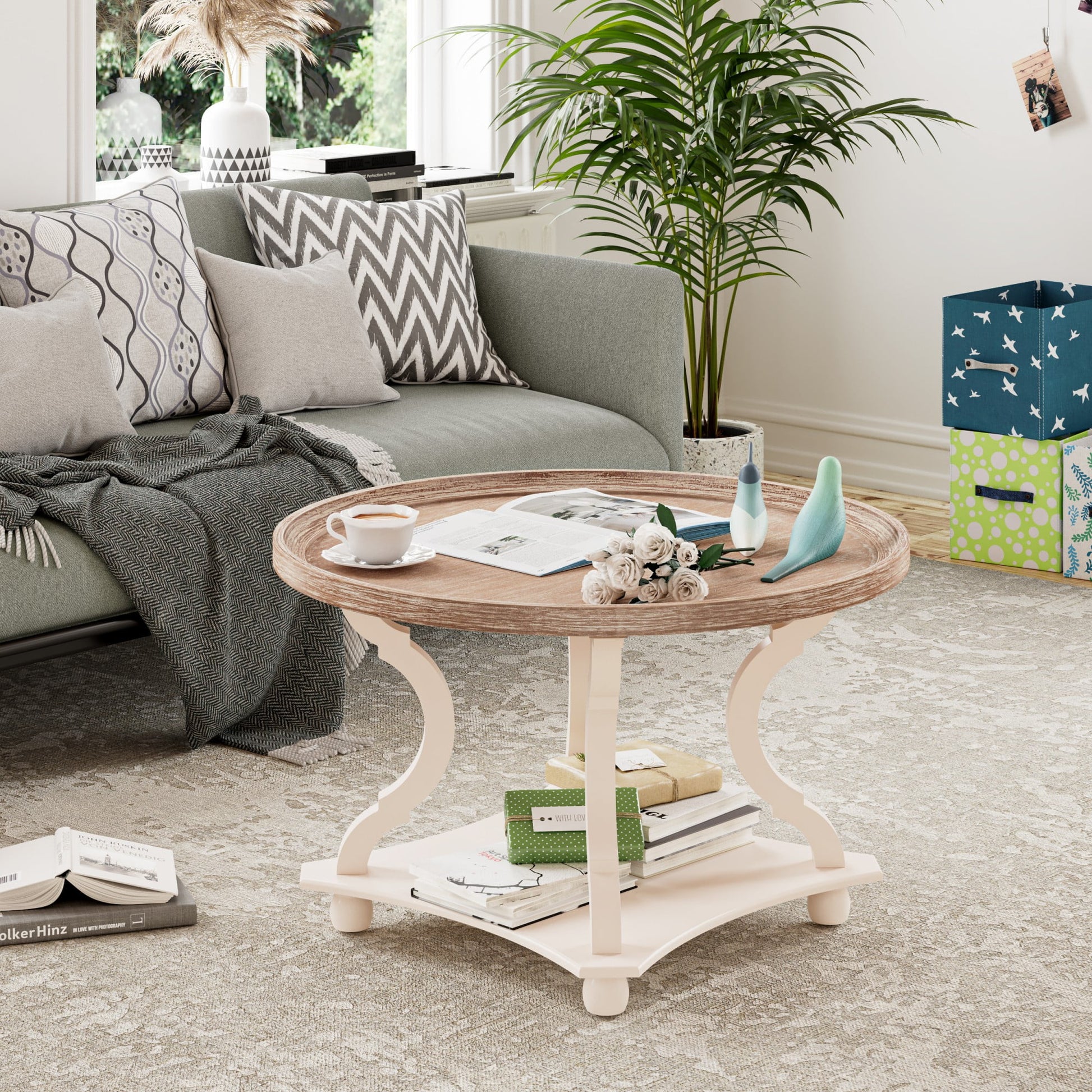 Rustic round Wood Coffee Table with Storage and Tray, White