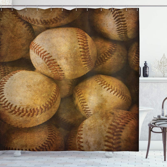 Vintage Shower Curtain, Vintage Baseball Background American Sports Theme Nostalgic Leather Retro Balls Artwork, Cloth Fabric Bathroom Decor Set with Hooks, 69" W X 70" L, Brown Yellow